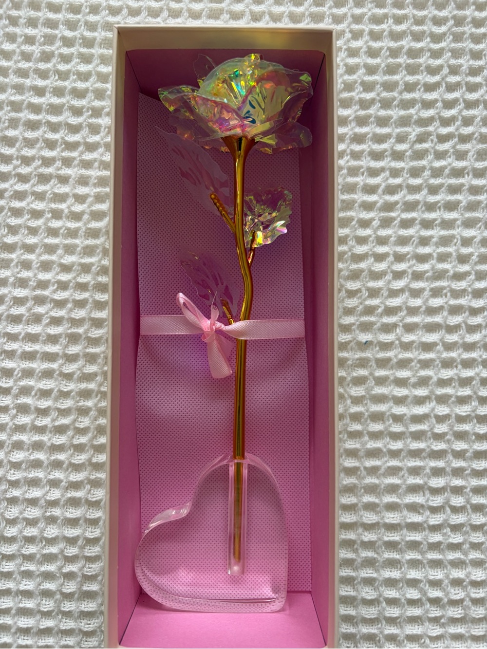 Iridescent Golden Rose with Gold Stem and Pink Display